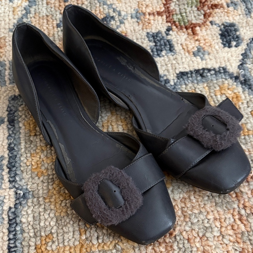 Women's Black Square-Toe Flats with Fuzzy Buckle Accent